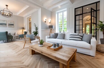 A spacious living room with white walls, parquet flooring in light wood tones, and an elegant chandelier hanging above the sofa.
