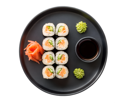 top view Traditional sushi rolls perfectly aligned on a sleek black plate with wasabi, ginger, and soy sauce in a sushi bar isolated on white transparent background