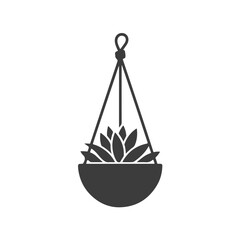 Monochrome Silhouette Illustration of a Hanging Planter with a Succulent Plant Suspended by Macrame or Rope Hangers

