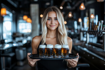 beautiful woman holding tray with beer glasses