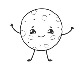Vector line art illustration of a cute cookie with a smiling face, arms, and legs.