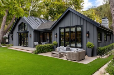 Cozy, small, single-story modern farmhouse with dark grey wood siding
