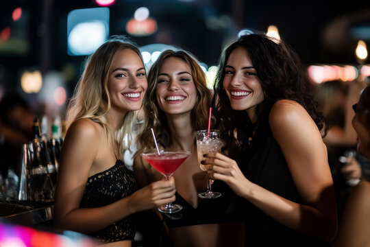 women friends with cocktails in the night club