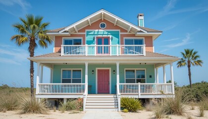 Charming multi-colored beach house with a porch and balcony, nestled among palm trees under a sunny blue sky. Coastal living at its finest.