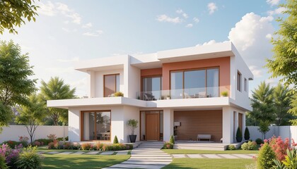 Fototapeta premium Modern residence boasting geometric design, balconies, and lush landscaping, blending sleek aesthetics with natural beauty under a clear sky.