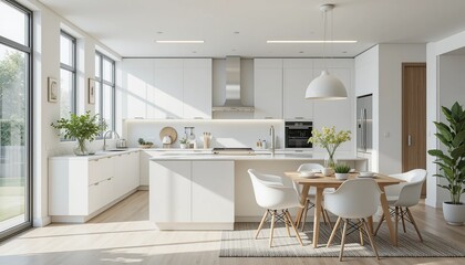 Bright, modern kitchen with white cabinetry, island, and dining area flooded with natural light. Clean lines and minimalist decor are prominent.