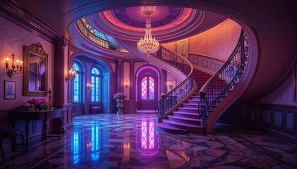 Obraz premium Opulent hall with spiral staircase, bathed in neon lights, features luxurious architectural details and a glowing chandelier above.