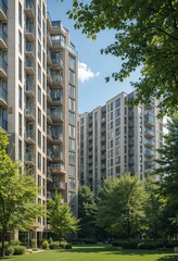 Modern residential buildings stand amidst lush greenery, creating a serene urban oasis. The architecture complements nature's beauty.