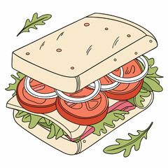 Delicious Sandwich Vector Art With Tomatoes Onions And Arugula Illustration