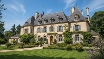 Fototapeta premium Elegant Estate: Classic architecture meets lush gardens in a stately home with intricate details and manicured lawns. A serene and luxurious setting.