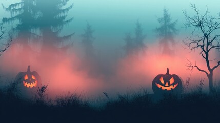 Spooky Halloween night scene with glowing jack o' lanterns in a misty forest. Perfect for Halloween backgrounds and seasonal designs.