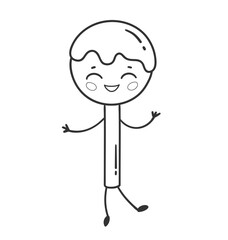 Vector line art illustration of a cute lollipop with a smiling face, arms, and legs.