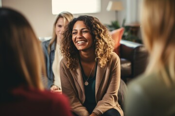 Middle aged female therapist conducting a group session counseling smiling