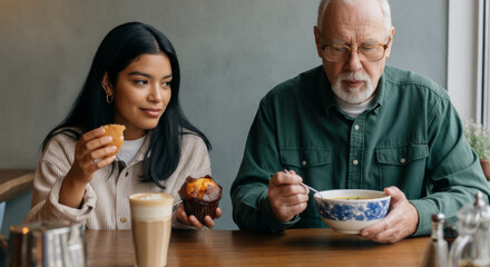 Young hispanic woman and elderly caucasian man dining together with coffee and soup