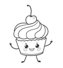 Vector line art illustration of a cute cupcake with a smiling face, cherry on top, and swirled frosting.