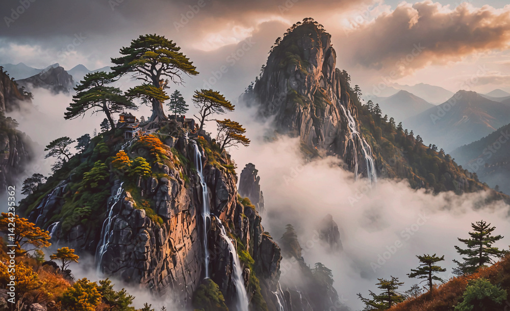 Aufkleber Mountain range with a waterfall and a tree in the foreground. The sky is cloudy and the mountains are covered in mist