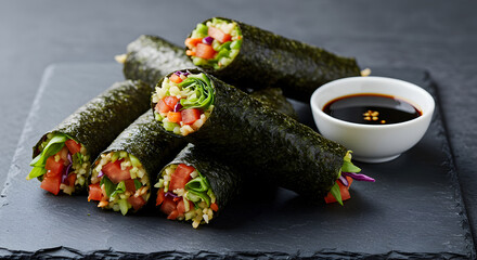 Artistic Still Life With Vegan Sushi Rolls And Dipping Sauce on Slate