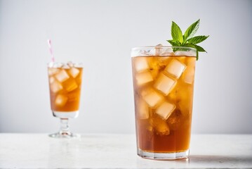 Fototapeta premium Refreshing glassof Iced Tea with Lemon and Condensation in Natural Sunlight