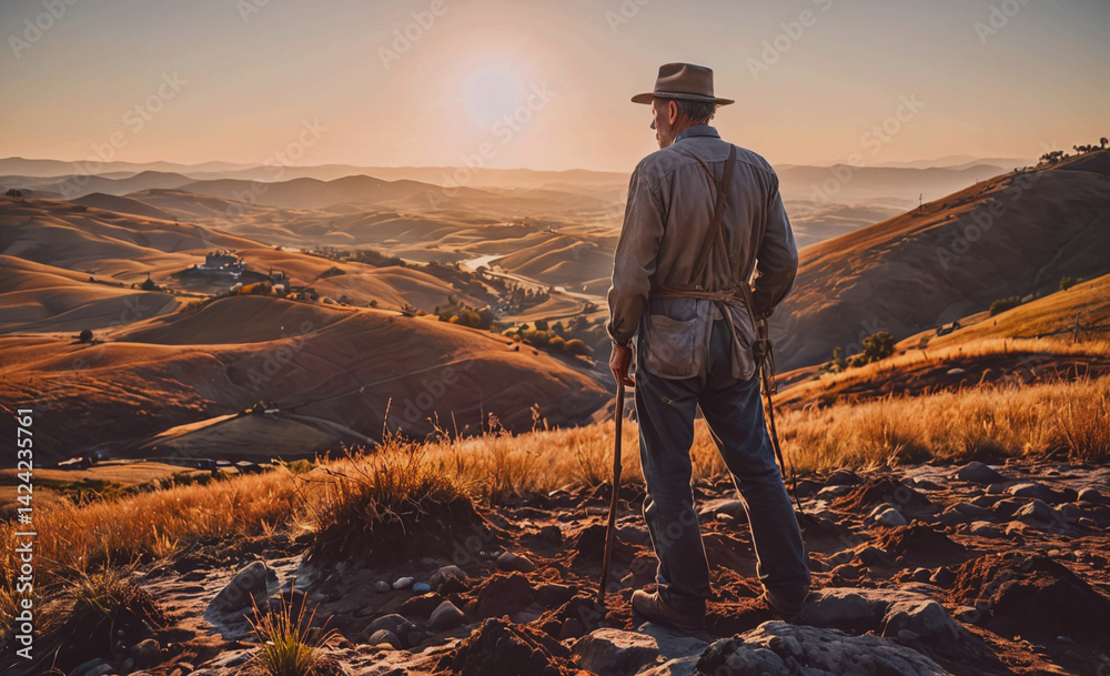 Aufkleber man in a hat stands on a hill overlooking a valley. the sun is setting, casting a warm glow over the