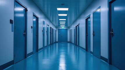 Hospital Hallway Long blue corridor with repeating doors