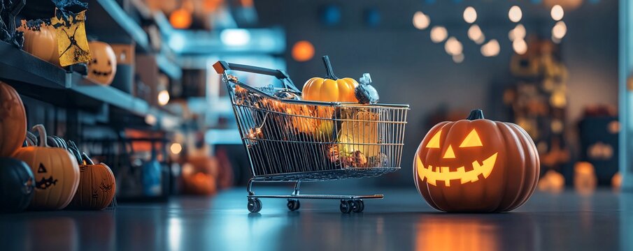 Festive supermarket display with a shopping cart full of halloween trick or treat sweets and decorations