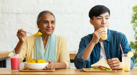 Elderly caucasian female and asian male teen enjoying lunch with drinks indoors