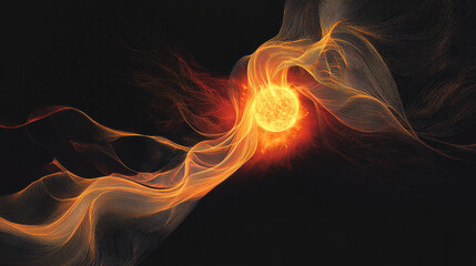 A cosmic ballet unfolds as the moon, a celestial dancer, gracefully veils the sun, a fiery orb, in a breathtaking solar eclipse, captured in a realistic illustration by Generative AI 