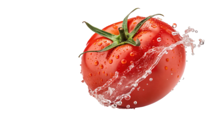fresh, vibrant red tomato with water splashing around it, showcasing its juicy texture and natural appeal. green stem adds contrast, enhancing tomato freshness