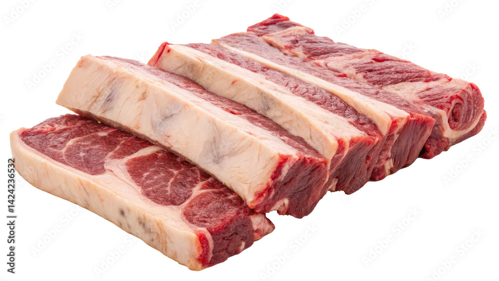 Poster raw beef ribs sectioned and isolated on transparency background, showcasing marbled texture and fres