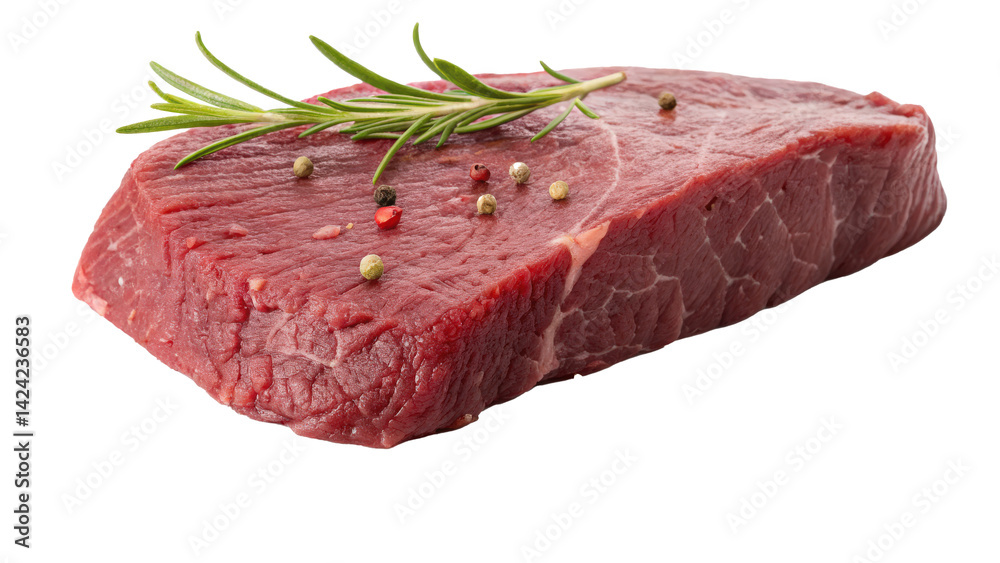 Poster raw ostrich meat steak is displayed with lean texture, garnished with rosemary and peppercorns, crea