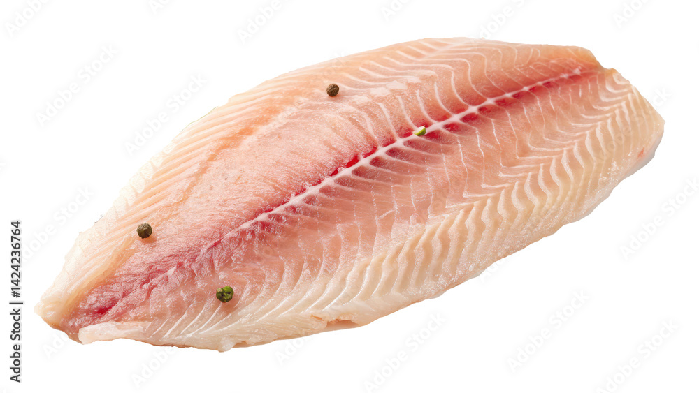 Poster raw tilapia fish fillet with skin, displayed on transparency background. fillet is fresh, showcasing