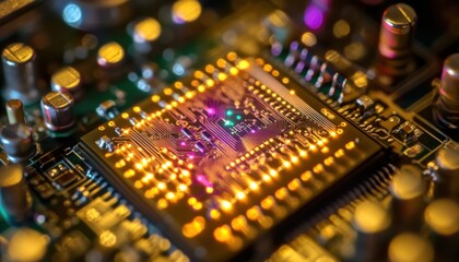 Intricate illuminated circuit board radiating innovation and digital advancements