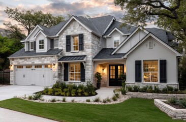 a beautiful two-story home in San Antonio, Texas, with a three-car garage and a grey stone exterior wall, light brown stucco front yard