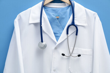 Doctor's coat on hanger against blue background, closeup
