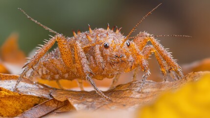 Naklejka premium Close-up of a small, spiny creature on autumn leaves. A detailed view of its textured body, spiky protrusions, and small eyes. Wet, orange-brown coloration blends with dried autumnal leaves