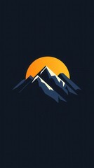A stylized illustration of mountains and a setting sun.