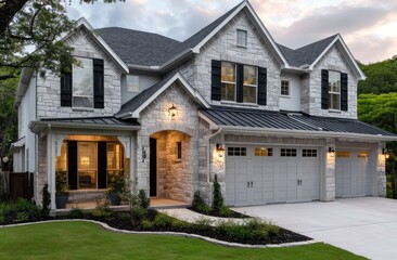 a beautiful two-story home in San Antonio, Texas, with a three-car garage and a grey stone exterior wall, light brown stucco front yard