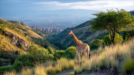 Obraz premium Majestic Giraffe Walking Along Grassy Ridge in Scenic Landscape