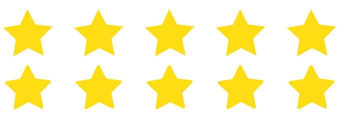Five stars customer product review icon set, featuring yellow 5-star rating flat icons for apps and websites. Represents quality, customer rating, and feedback in transparent PNG and vector format