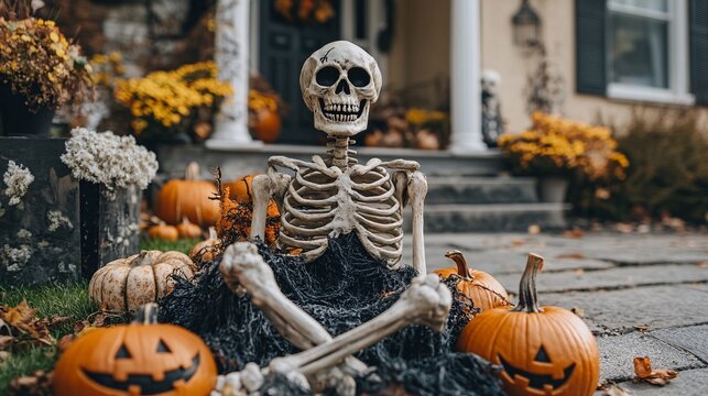 Skeleton relaxing among pumpkins on a porch with halloween decoration, celebrating the season