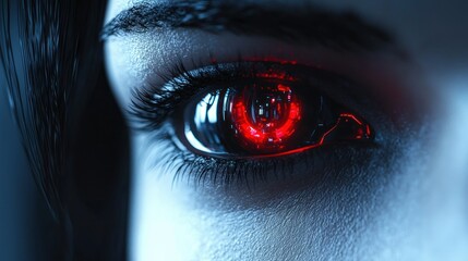 Intense gaze close-up of eye with red glowing mechanical iris