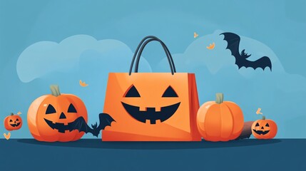 Halloween shopping bag surrounded by pumpkins and flying bats on a blue background - illustration