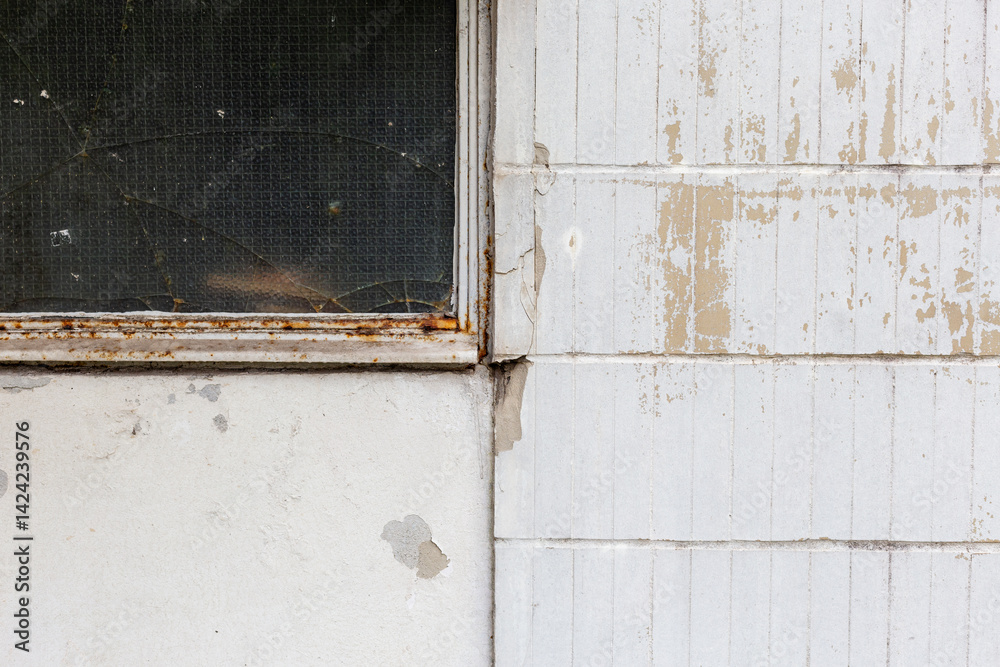 Poster White wall and old window abstract copy space background. Empty minimalistic grunge weathered aged wall with white bricks and window