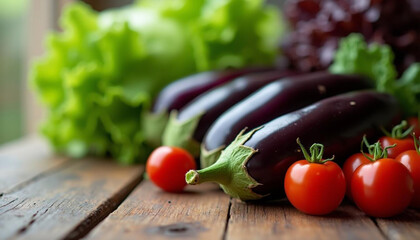 Fresh eggplants and cherry tomatoes on rustic wooden surface with leafy greens in background