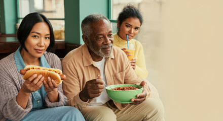 Diverse group enjoying hot dog, cereal, and juice in cozy setting
