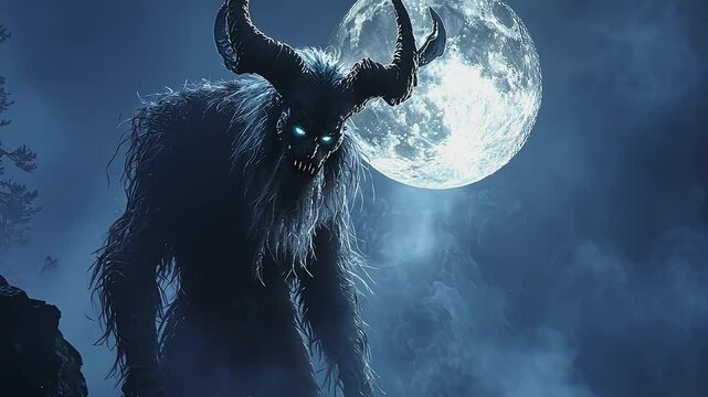 Nocturnal Terror: A creature of myth emerges from the shadows against a moonlit backdrop, its presence an embodiment of ancient lore and the unknown, captivating with its intimidating aura.