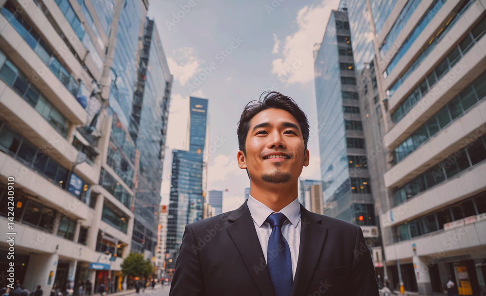 Poster man in a suit and tie stands in front of a tall building, smiling. concept of confidence and success