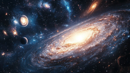 Fototapeta premium A cosmic tapestry woven from stardust and nebulae, where swirling galaxies danced like ethereal ballet dancers, and distant comets, celestial fireballs, streaked across the inky void 