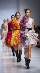 Fototapeta premium Models grace the runway wearing stunning dresses adorned with voluminous ruffles in a variety of bright colors. The energy of the crowd fills the air as fashion takes center stage.