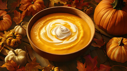 A rich, creamy bowl of pumpkin soup with a swirl of cream on top, placed on a wooden table surrounded by autumn leaves and pumpkins.